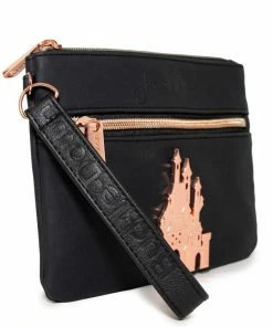 Buckle-Down Women's Wallet Double Pocket Wristlet - Snow White Script Debossed Black With Castle Emblem