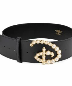 Buckle-Down Disney Signature D Logo Faux Pearl Gold Cast Buckle - Black Strap Belt