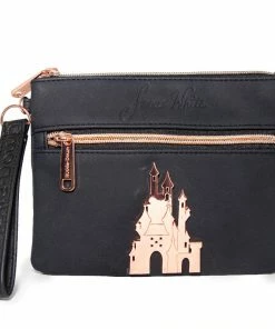 Buckle-Down Women's Wallet Double Pocket Wristlet - Snow White Script Debossed Black With Castle Emblem
