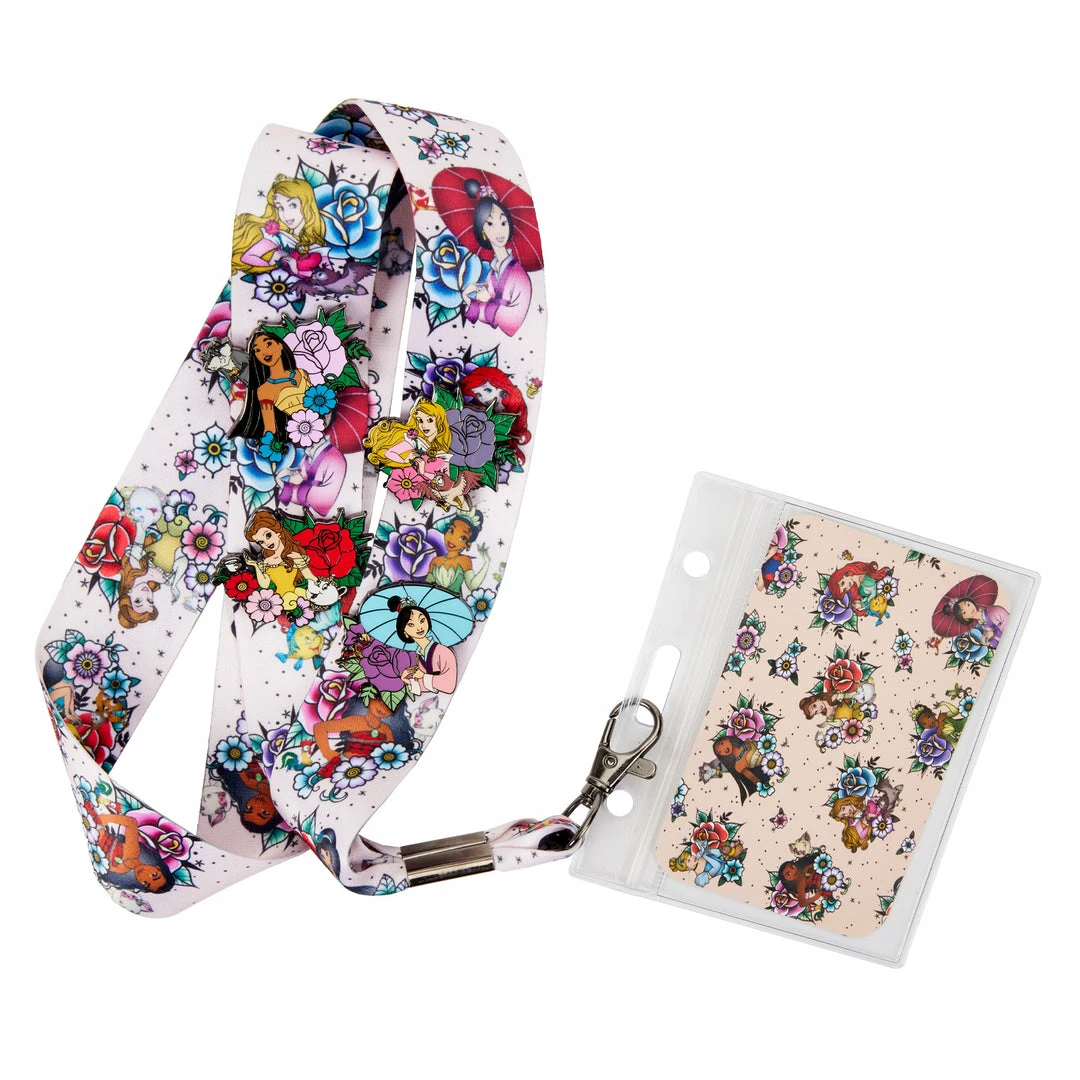SMALL ACCESSORIES Loungefly Disney Princess Floral Tattoo Lanyard With Card Holder & 4 Pins 1 SMALL ACCESSORIES Loungefly Disney Princess Floral Tattoo Lanyard With Card Holder & 4 Pins
