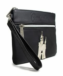 Buckle-Down Women's Wallet Double Pocket Wristlet - Cinderella Script Debossed Black With Castel Emblem